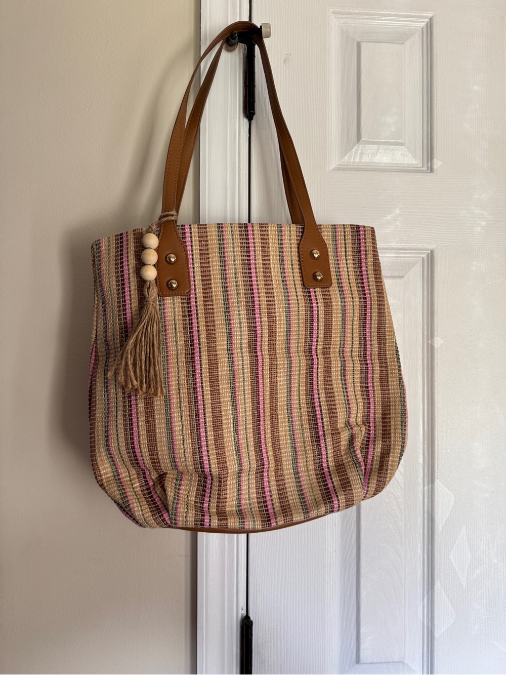 Under One Sky Multicolored Vertical Striped Canvas Tote Double Handles Tassels